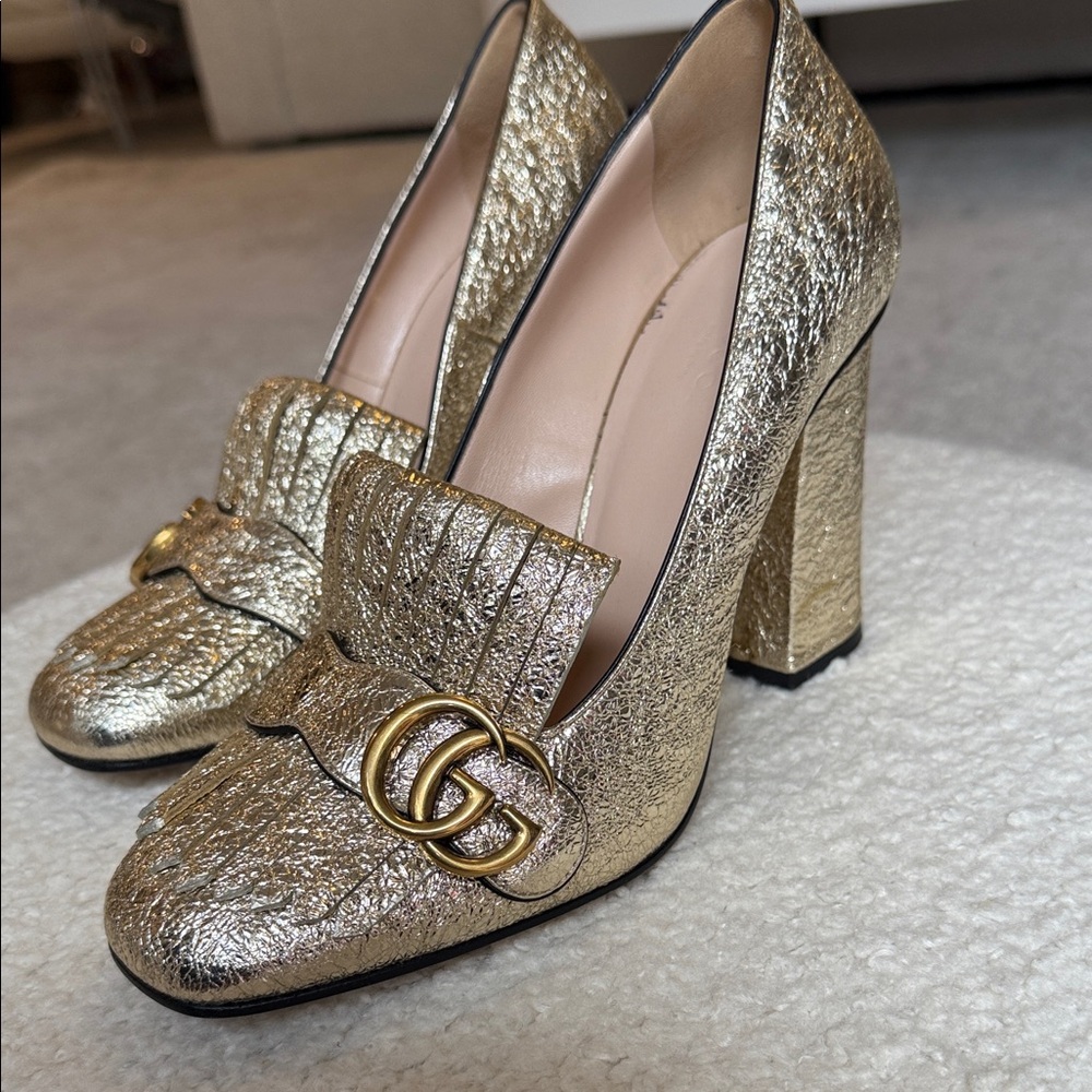 Gucci Marmont Fringed Loafer Gold Heels